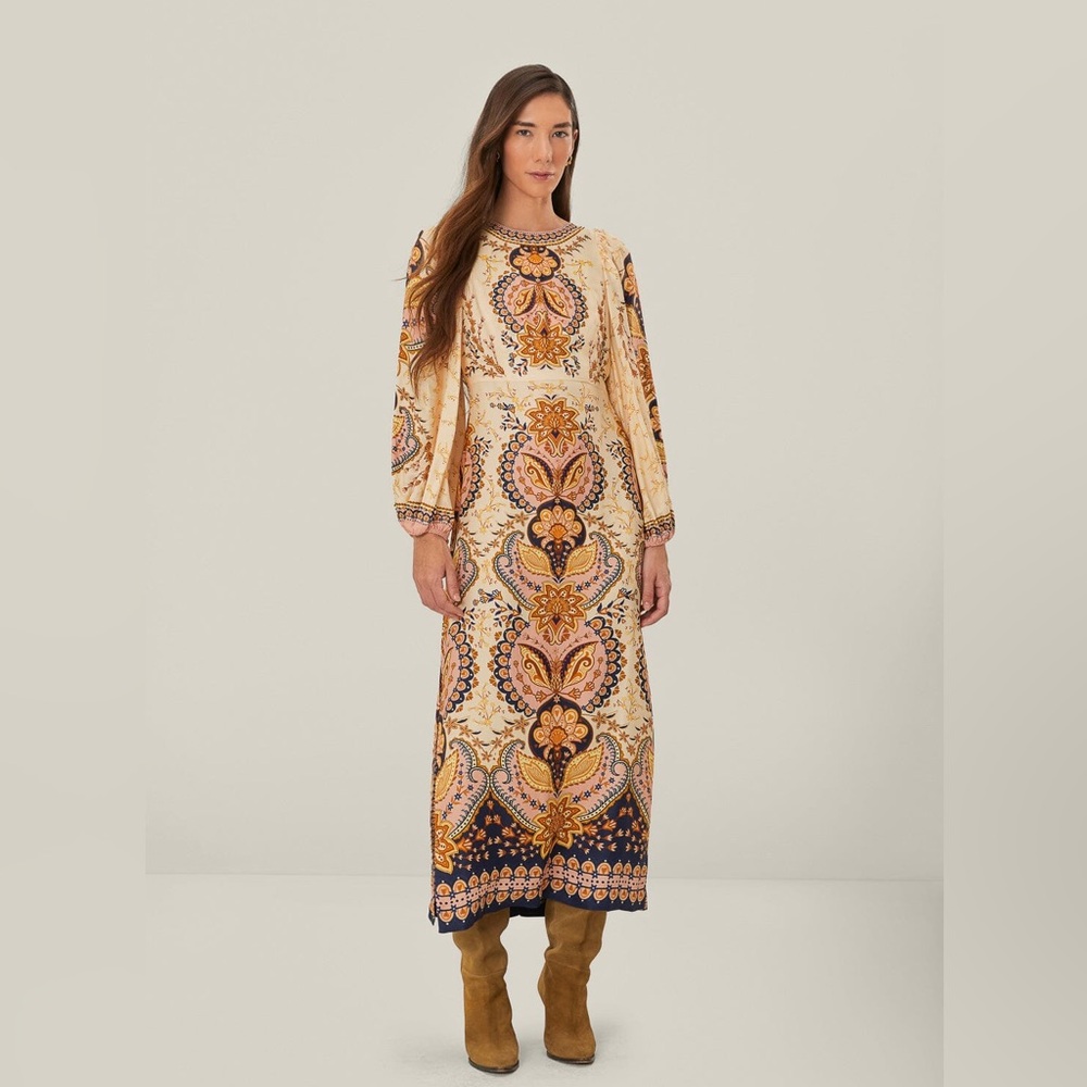 NWT Farm Rio Cream and Gold Paisley Maxi Dress - Picture 2 of 9